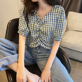 Simple Retro Plaid Crop Blouse Shirts